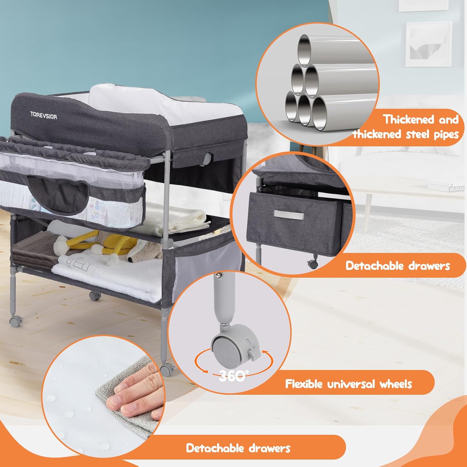 Baby Changing Table, Portable Changing Table with 2 Storage Baskets, Adjustable Heights, Foldable Changing Table Dresser with Soft Waterproof Changing Station for Newborns & Infant