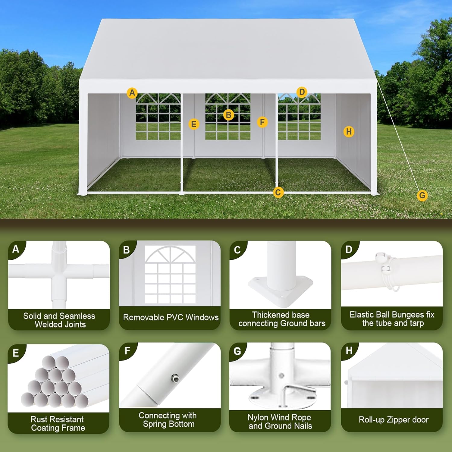 Acekool 20 x 20 FT Outdoor Party Tent Canopy Wedding Patio Camping Gazebo Shelter Pavilion Cater Wedding BBQ Events Tent w/Removable Sidewalls & 3 Storage Bags, White