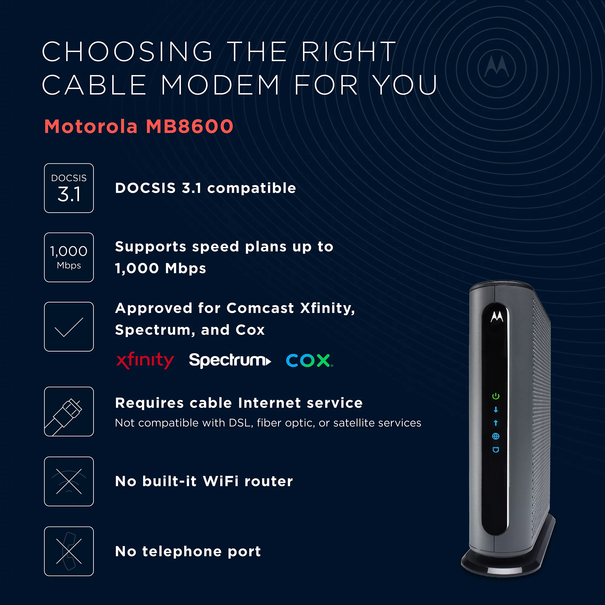 Motorola MB8600 DOCSIS 3.1 Ultra-High Speed Cable Modem | Approved for Xfinity by Comcast, Spectrum, Cox | Supports Cable Plans up to 1000 Mbps