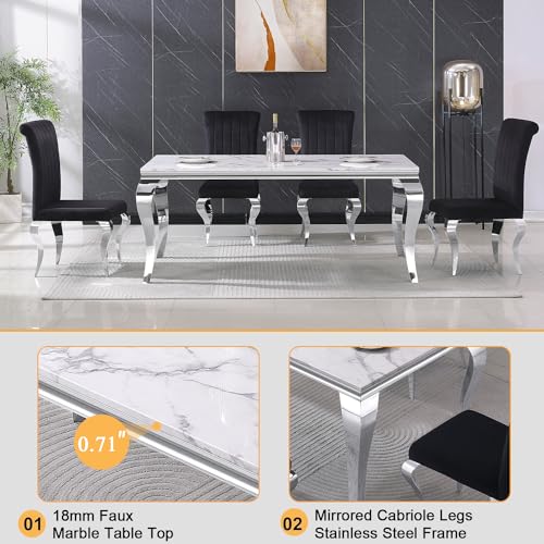 White Marble Dining Table Set for 6, Modern Kitchen Dining Room Table Set for 6,Rectangle Faux Marble Dining Table and 6 Grey Velvet Tufted Upholstered Chairs,7 Piece Luxury Silver Dining Table Set
