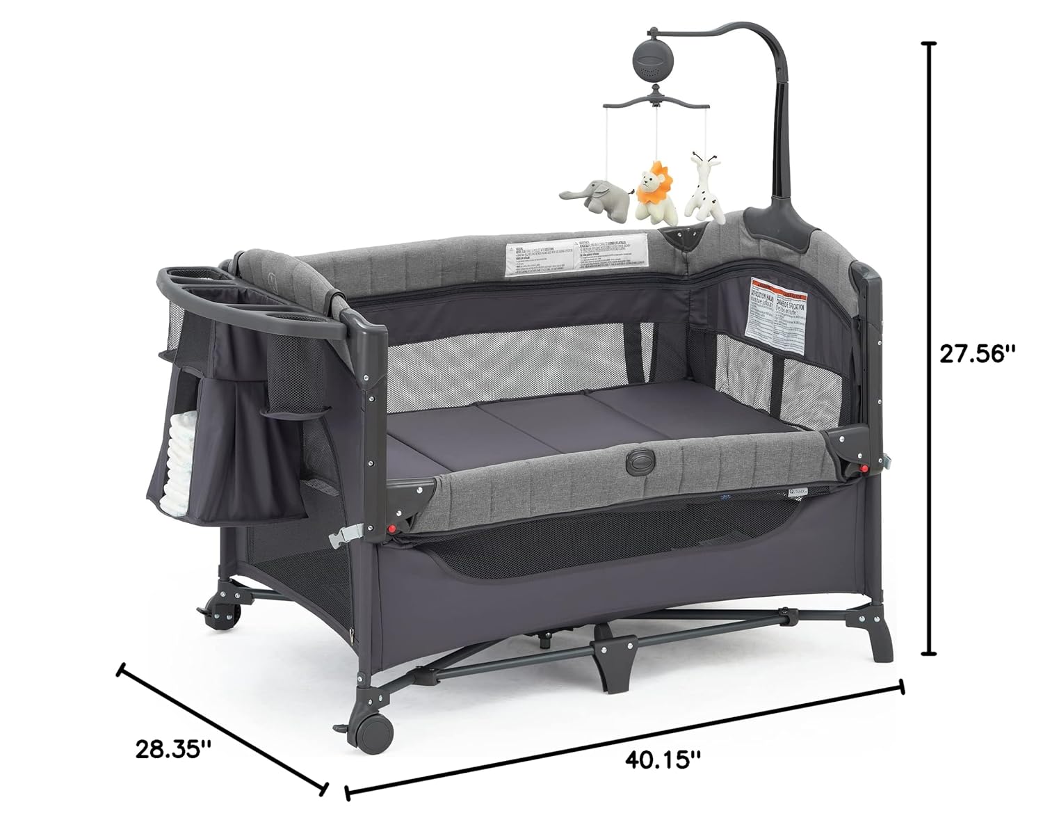 Baby Bassinet Bedside Bassinet Sleeper, 5-in-1 Pack and Play with Full-Size Bassinet,Baby Playard with Changing Table,Storage Shelf,Music Mobile with Soft Toys for Newborn to Toddlers (Grey)