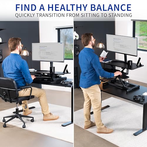 VIVO 42 inch Electric Motor Desk Converter, Height Adjustable Riser, Sit to Stand Dual Monitor and Laptop Workstation with Wide Keyboard Tray, Black, DESK-VE42B