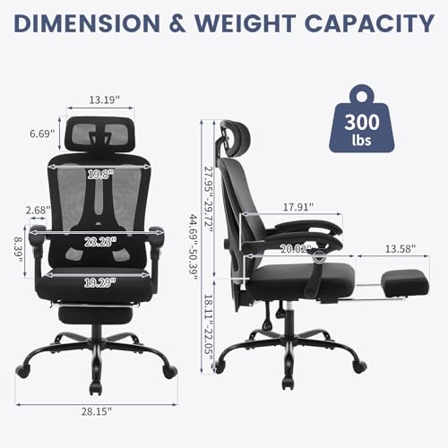 Ergonomic Office Chair with Footrest, Ergonomic Desk Chair with Adjustable Lumbar Support, High Back Mesh Office Chair with Headrest, Executive Office Computer Chair 360 Swivel Task Chair Cream