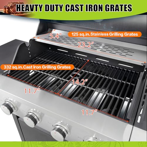 4 Burner Gas Grill with Side Burner, Stainless Steel Propane Grill 46700 BTU Output, Gas BBQ Grill Built in Thermometer, Cabinet Style, Ideal For Outdoor Patio Garden Picnic Backyard Cooking