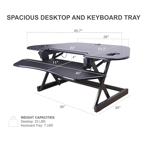 Rocelco 46" Height Adjustable Corner Standing Desk Converter with AC Outlet USB Charger and Dual Monitor Arm Mount - Stand Up Tabletop Riser Workstation - Keyboard Tray - Black (R CADRB-46-ACUSB-DM2)