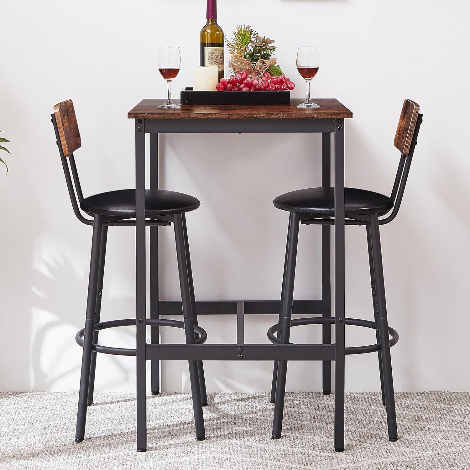 Bar Table and Chairs Set, Sqaure Dining Table Set for 2 with PU Soft Seat and Backrest, Kitchen Table and Chairs for Small Spaces, Kitchen and Bar, Rustic Brown