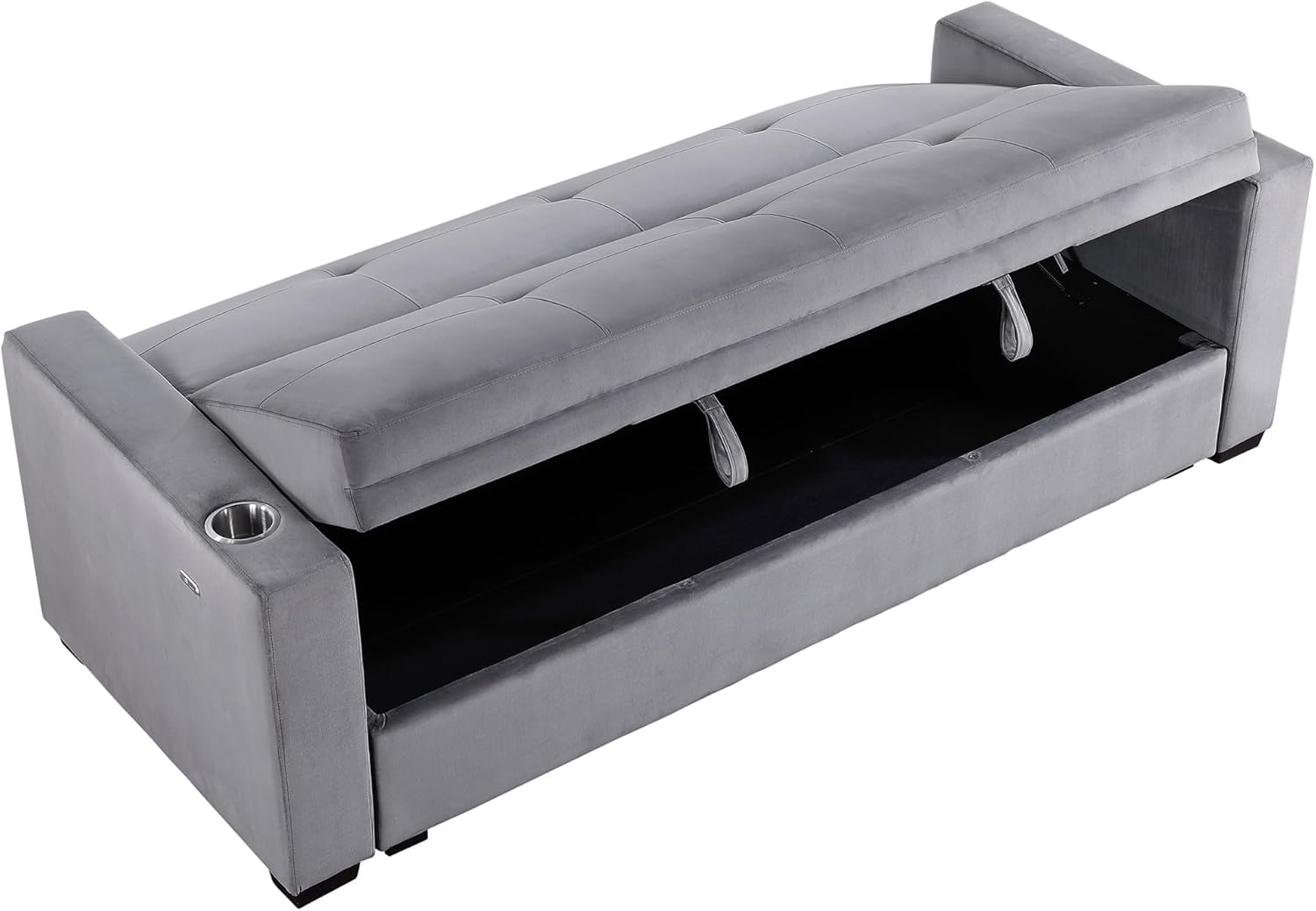 Lexicon Futon Sofa Bed, 83.5" Couch, Sleeper Sofa, Velvet Futon with Storage, Armrest, Two Cup Holders and USB Ports, Sofa Cama, Couches for Living Room and Bedroom, Grey