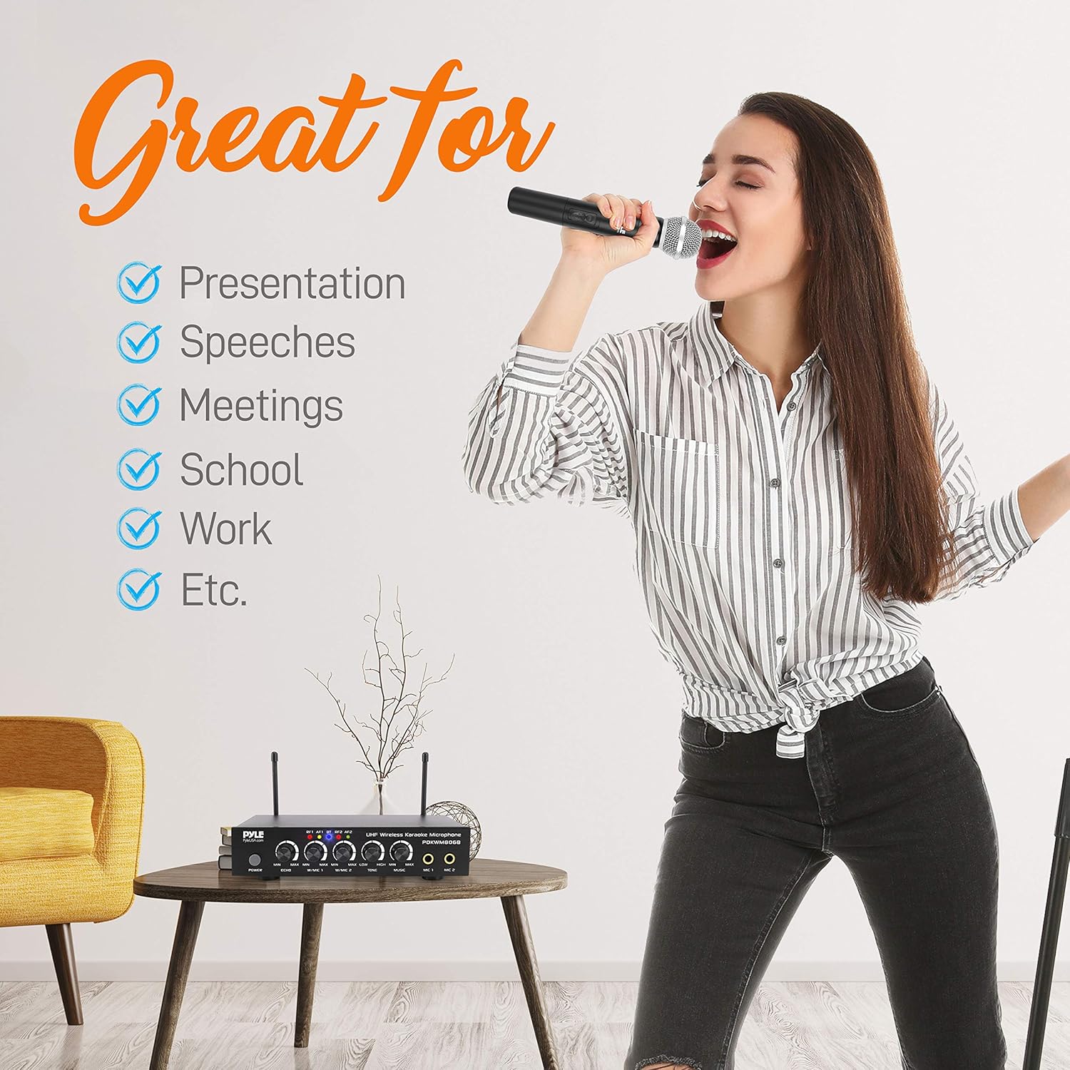 Portable UHF Wireless Microphone System - Battery Operated Dual Bluetooth Cordless Microphone Set, Includes 2 Handheld Transmitter Mic, Mixer Receiver, RCA, for PA Karaoke DJ Party - Pyle PDKWM806B