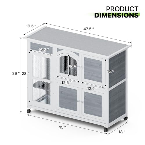 Magshion Rabbit Hutch Outdoor, 47.5" 2 Story Bunny House Cage Indoor on Wheels with 2 Removable Tray Waterproof Roof