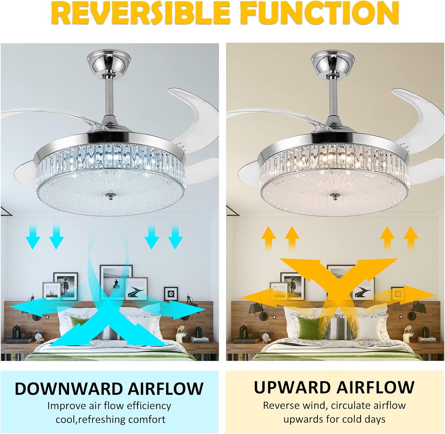 42" Retractable Crystal Ceiling Fans with Lights, Stepless Dimmable Chandelier Ceiling Fans Remote Control Invisible Blades, Reversible Fandelier Fans for Living Room Bedroom
