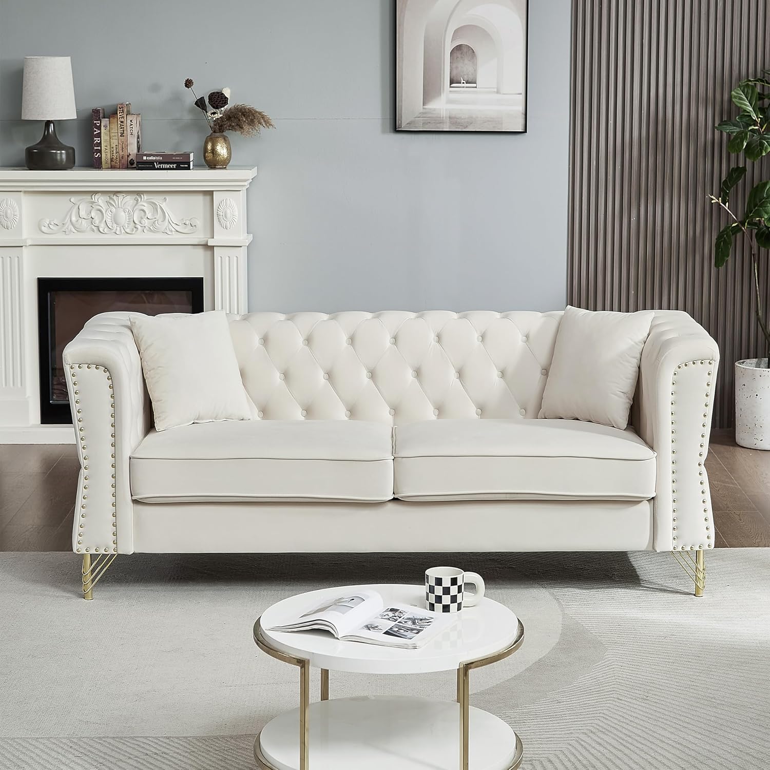 81.8" Chesterfield Sofa Grey Velvet for Living Room, 3 Seater Sofa Tufted Couch with metal foot and Nailhead for Living Room, Bedroom, Office, Apartment, two pillows (Beige)