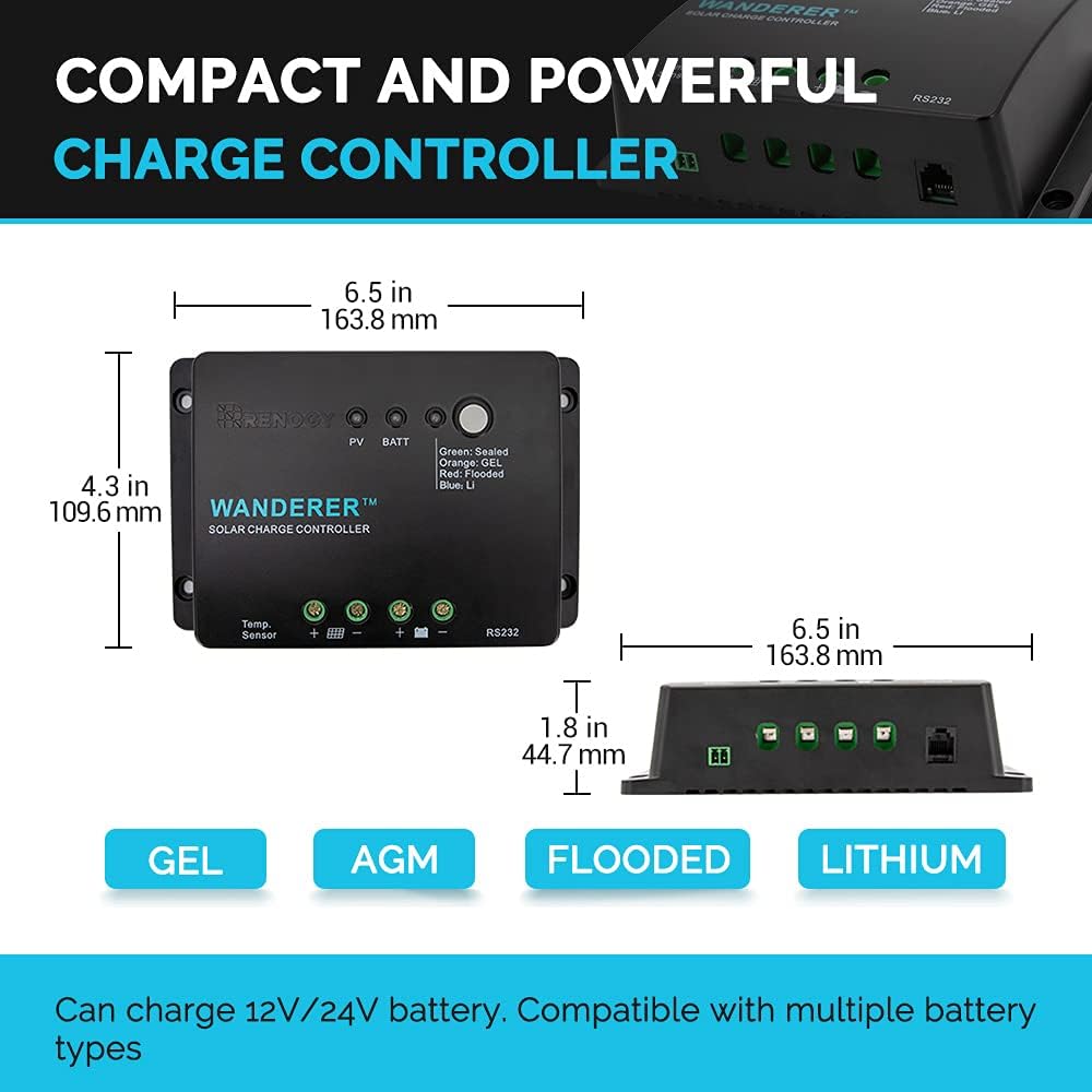 Renogy 400 Watt 12 Volt Monocrystalline Solar Panel Bundle Kit with 4 pcs 100W Panel and 30A Wanderer PWM Charge Controller for RV, Boats, Trailer, Camper, Marine, Off-Grid Solar Power System
