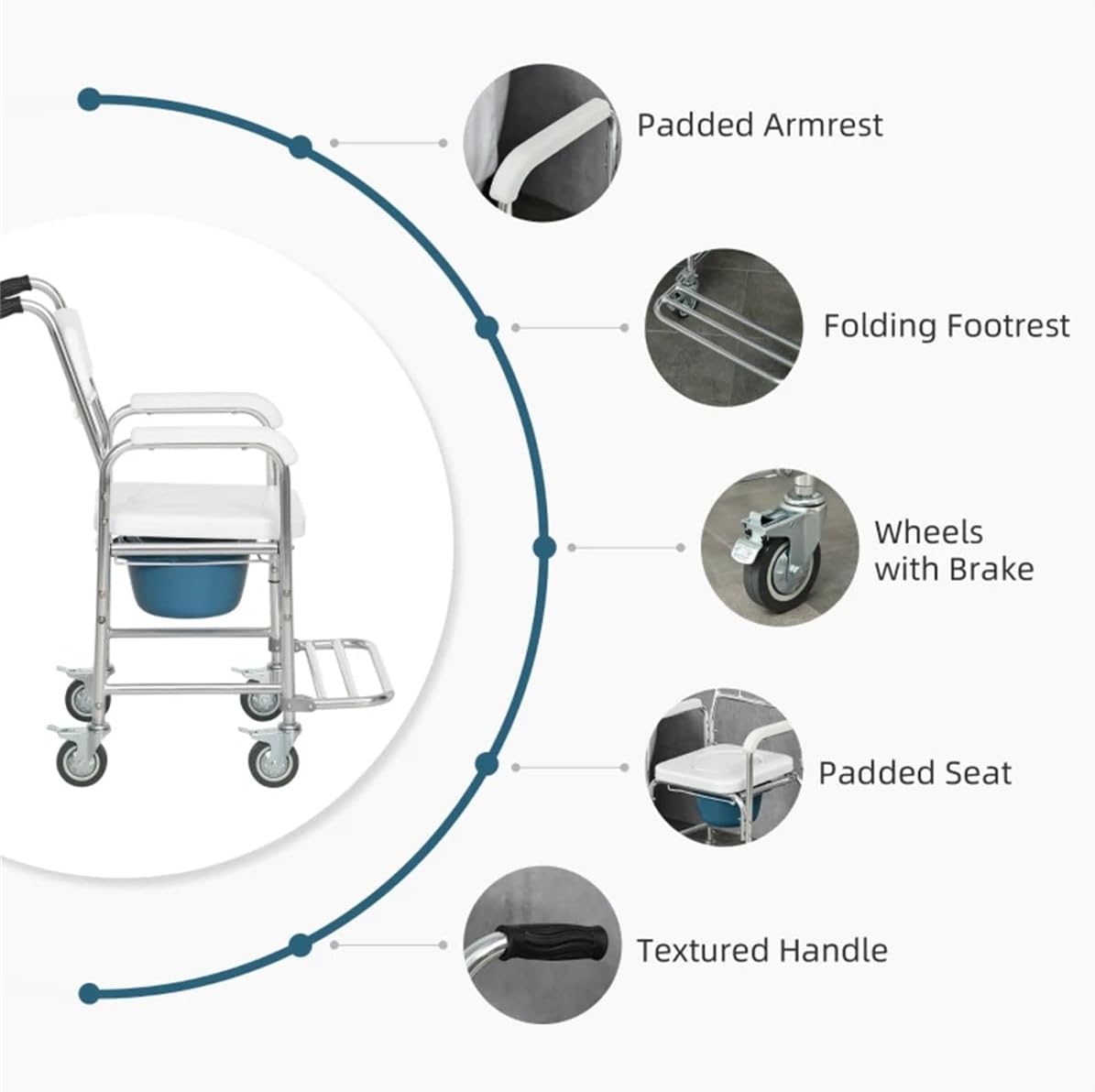 Rolling Shower Wheelchair with Commode, 4 Lockable Wheels - Adjustable for Adults, Elderly, Inside Shower Use, WHITE