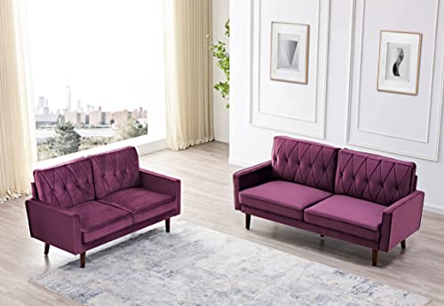 Modern Style Tufted Velvet Couch for Living Room with Soft Fabric Upholstery and Solid Wood Frame, 57.5'' Wide Loveseat, EGGPLANT
