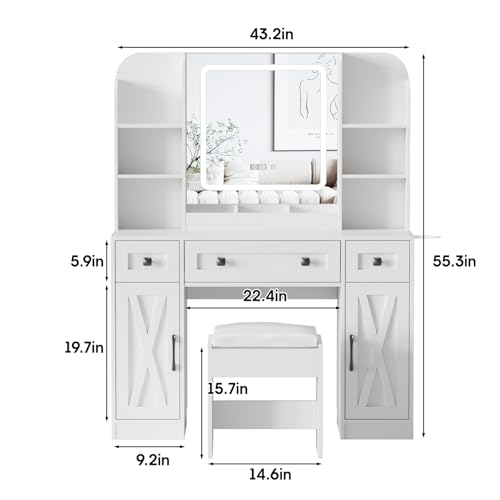 Vabches Makeup Vanity Desk, Vanity Mirror with Lights Desk and Chair,Makeup Table with 3 Large Drawers and 2 Cabinets, Time and Temperature Display, 3 LED Lighting Modes Adjustable, White