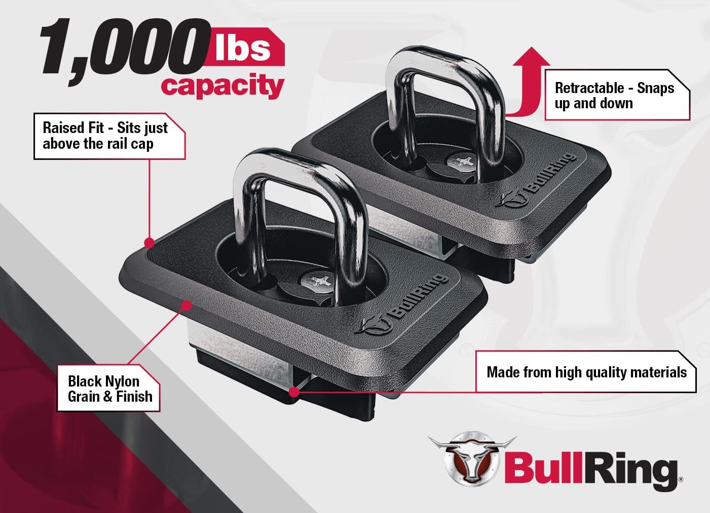 Bull Ring Classic Raised Fit Retractable Tie Down Anchors for '98-14 Ford F150, 98-16 Ford Super Duty, 88-13 Chevrolet Silverado and GMC Sierra, 95-08 Dodge RAM (2 Pairs)