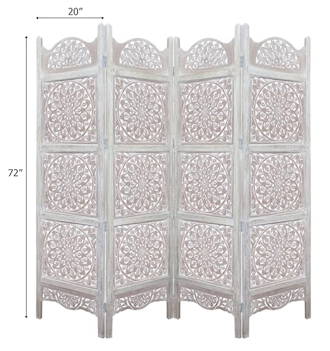 Room Divider Wood Screen - Ghanti Bells Antique Brown - 4 Panel Folding 72 x 80 - Assembled Hand Carved Decorative Functional Versatile Portable Partition Reversible Privacy Boho - COTTON CRAFT