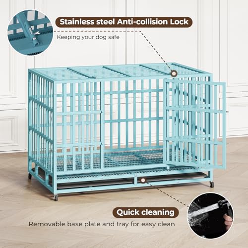 48 Inch Heavy Duty Indestructible Dog Crate Steel Escape Proof, Indoor Double Door High Anxiety Cage, Kennel with Wheels, Removable Tray, Extra Large XL XXL