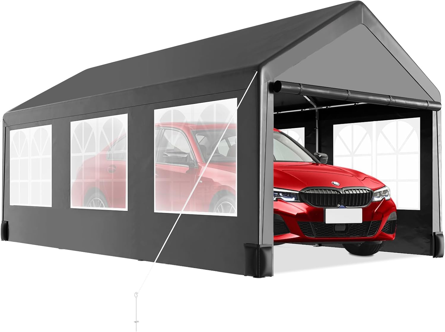 10 * 20 Heavy Duty Carport Canopy, Portable Car Tent Garage with 6 Roll-up Windows and All-Season Tarp Cover, Metal Roof & 4 Sandbags for Car, SUV, Truck & Boat, Grey