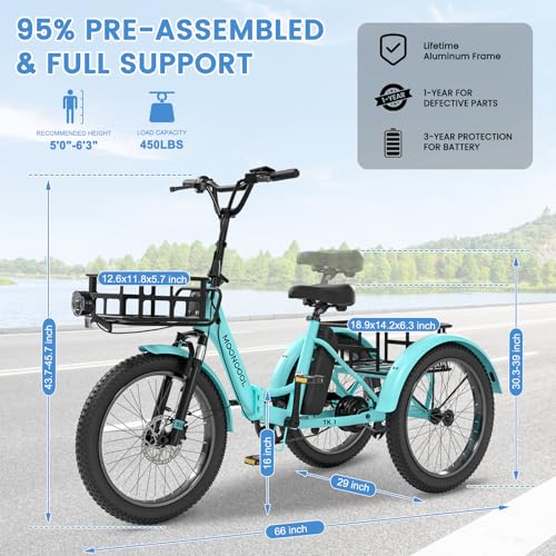 MOONCOOL Electric Trike, Electric Tricycle for Adults, 20" Folding 3 Wheels Electric Bicycle Bikes, 48V 500W/750W Motorized Electric Ebike with Aluminum Frame, Removable Battery and Basket