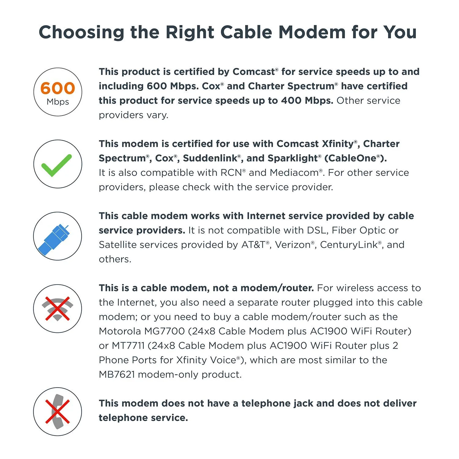MOTOROLA 24x8 Cable Modem, Model MB7621, DOCSIS 3.0. Approved by Comcast Xfinity, Cox, Charter Spectrum, Time Warner Cable, and More. Downloads 1,000 Mbps Maximum (No WiFi)