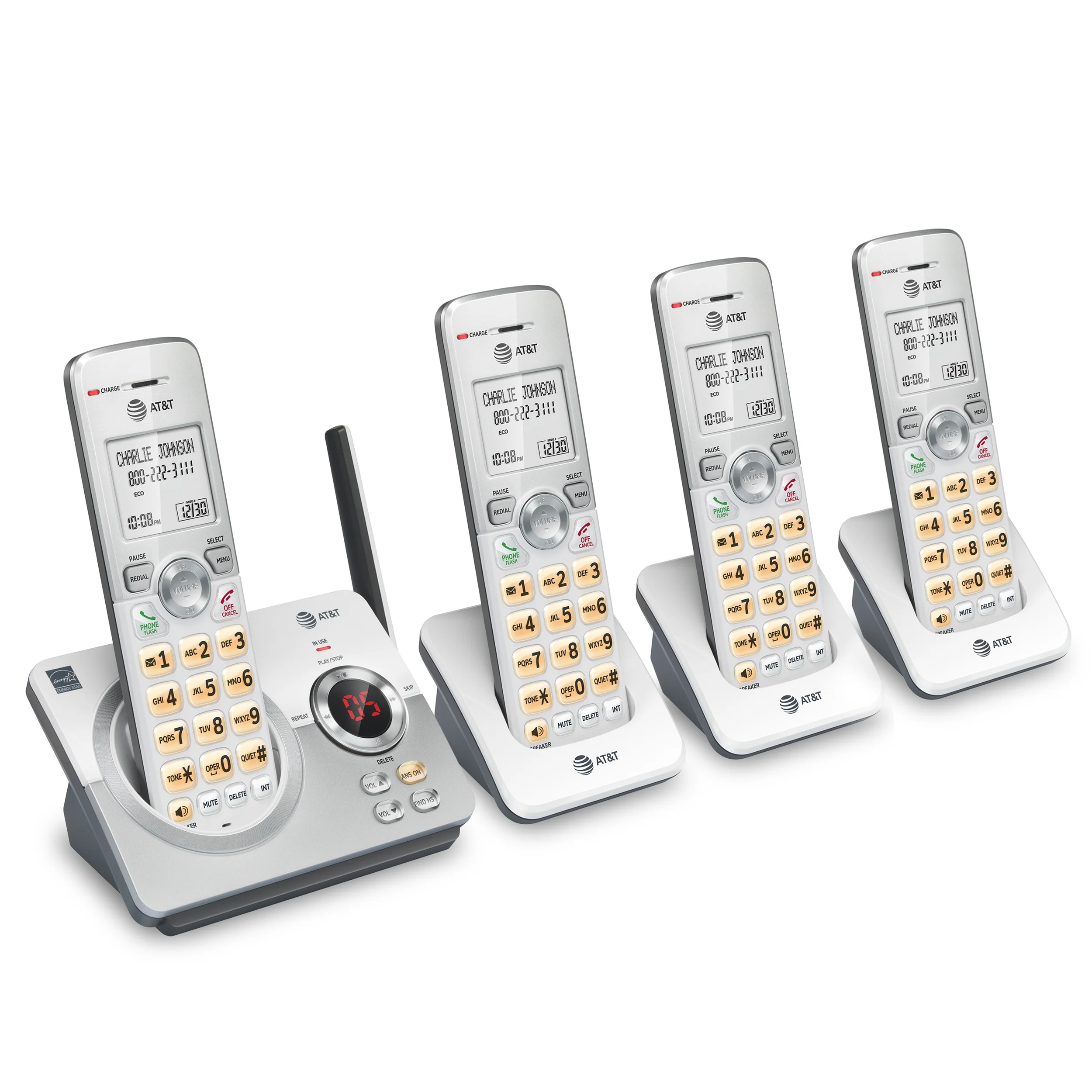 AT&T 4-Handset Cordless Phone with Unsurpassed Range, Answering System and Call Block, EL52429 (White/Silver)