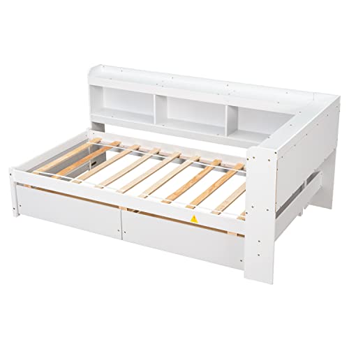 Full Size Platform Bed with Two Storage Drawers and L-Shaped Bookcase, Wooden Captain Bed Frame with Bookcase Headboard, Corner Bed Frame for Bedroom, No Box Spring Needed (Grey)