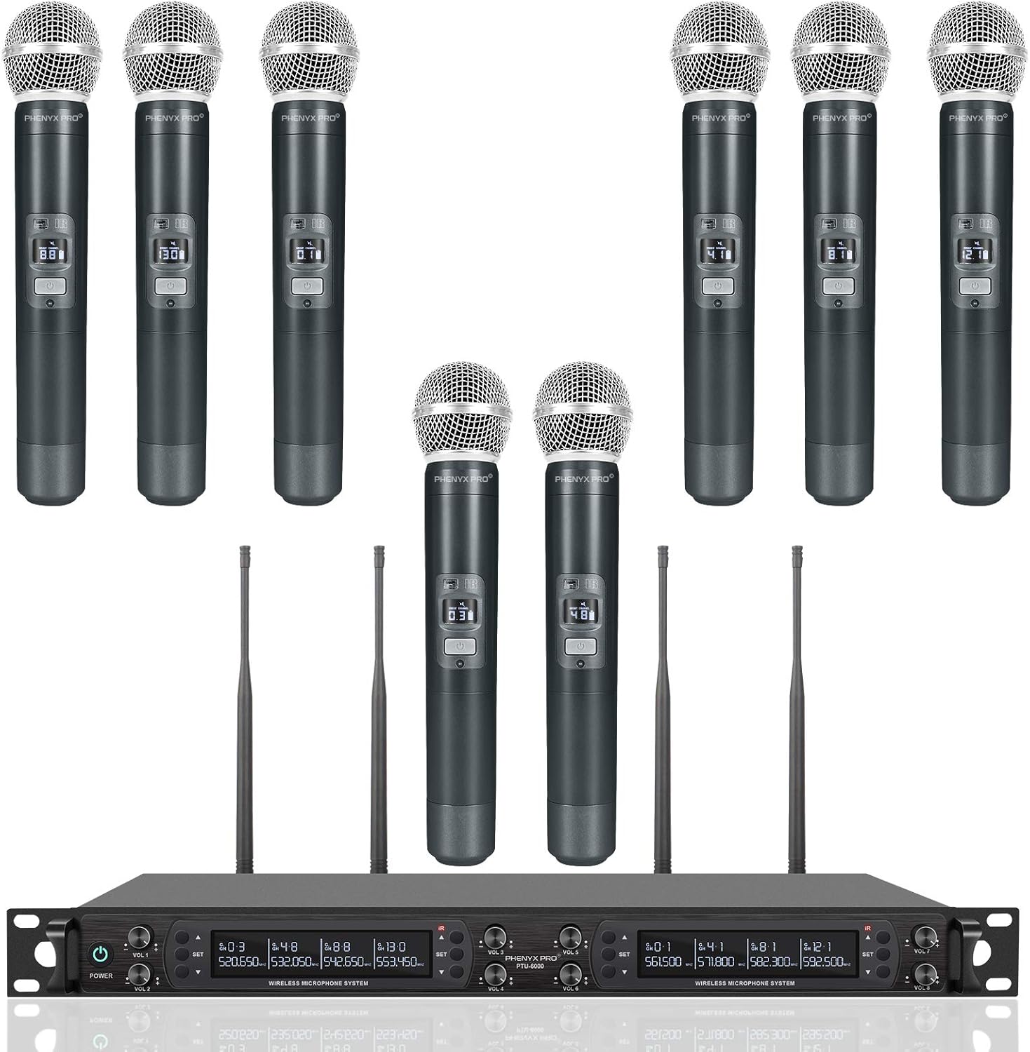 Wireless Microphone System, Phenyx Pro Eight-Channel Cordless Mic Set with Metal Handheld Mics, 8x40 Channels, Auto Scan, Long Distance 328ft, Ideal for DJ, Church, Outdoor Events (PTU-6000A)