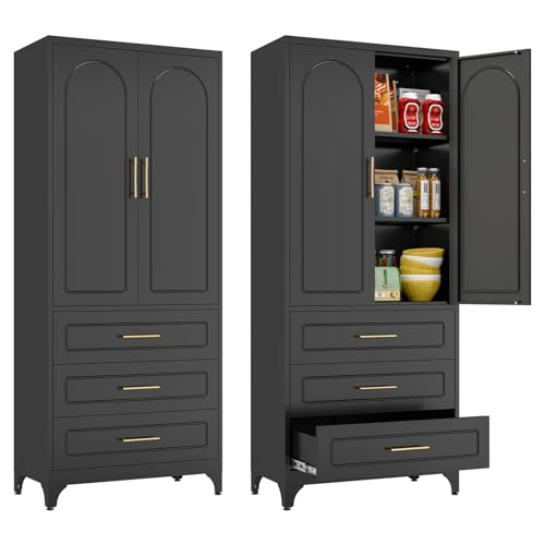 Metal Storage Cabinet with Doors and Shelves, 71 Inch Tall Kitchen Pantry Cabinet, Pantry Cabinets for Kitchen Storage, Freestanding Cupboard for Living, Dining Room, White, Assembly Required