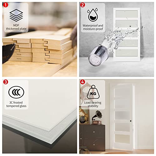 30"x 80" French Interior Slab Door - 5 Lites Tempered Frosted Glass Pantry Door Panels, Closet & Bathroom Single Door, White Primed, MDF - Panel Need to Assembly