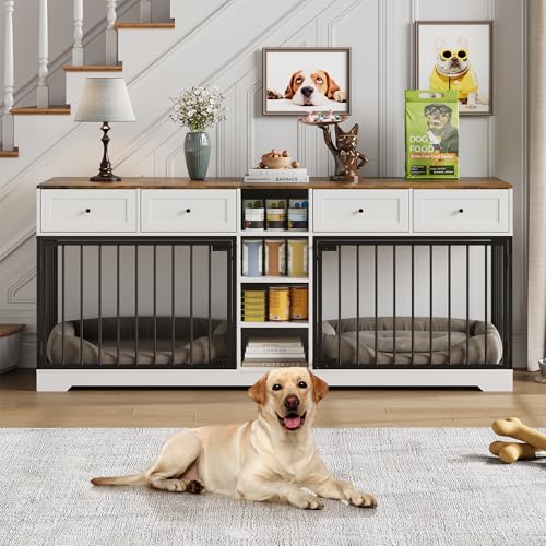 GarveeHome 82” Double Dog Crate Furniture, Large Dog Kennel Indoor for 2 Dogs, Heavy Duty Wooden Dog Crate TV Stand with 4 Drawers and Shelves, White