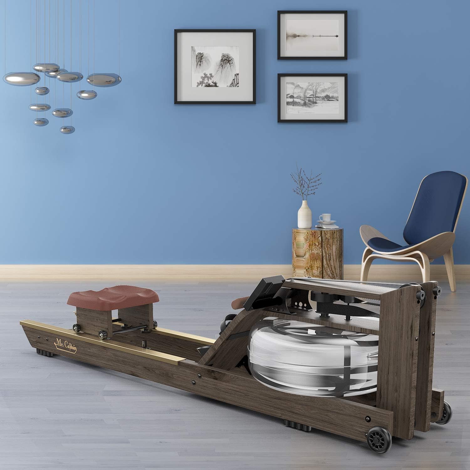 Mr. Captain Rowing Machine for Home Use,Water Resistance Vintage Oak Rower with Bluetooth Monitor