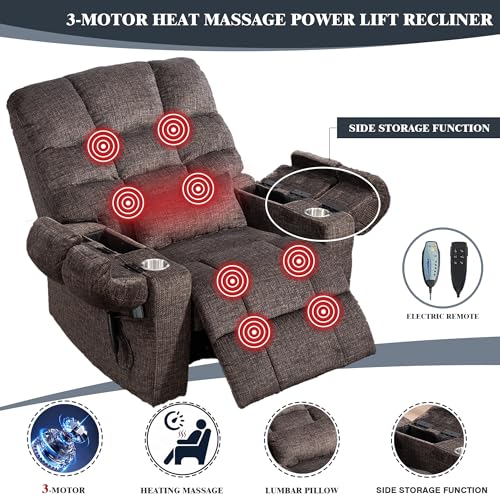Light Grey Recliner Chair for Elderly | Tall and Big Man 400lbs | Chenille | Power Lift, Lay Flat, Stand Up, Wireless Charging Device, Extended Footrest, Massage Heat, Cup Holder, Lumbar Pillow