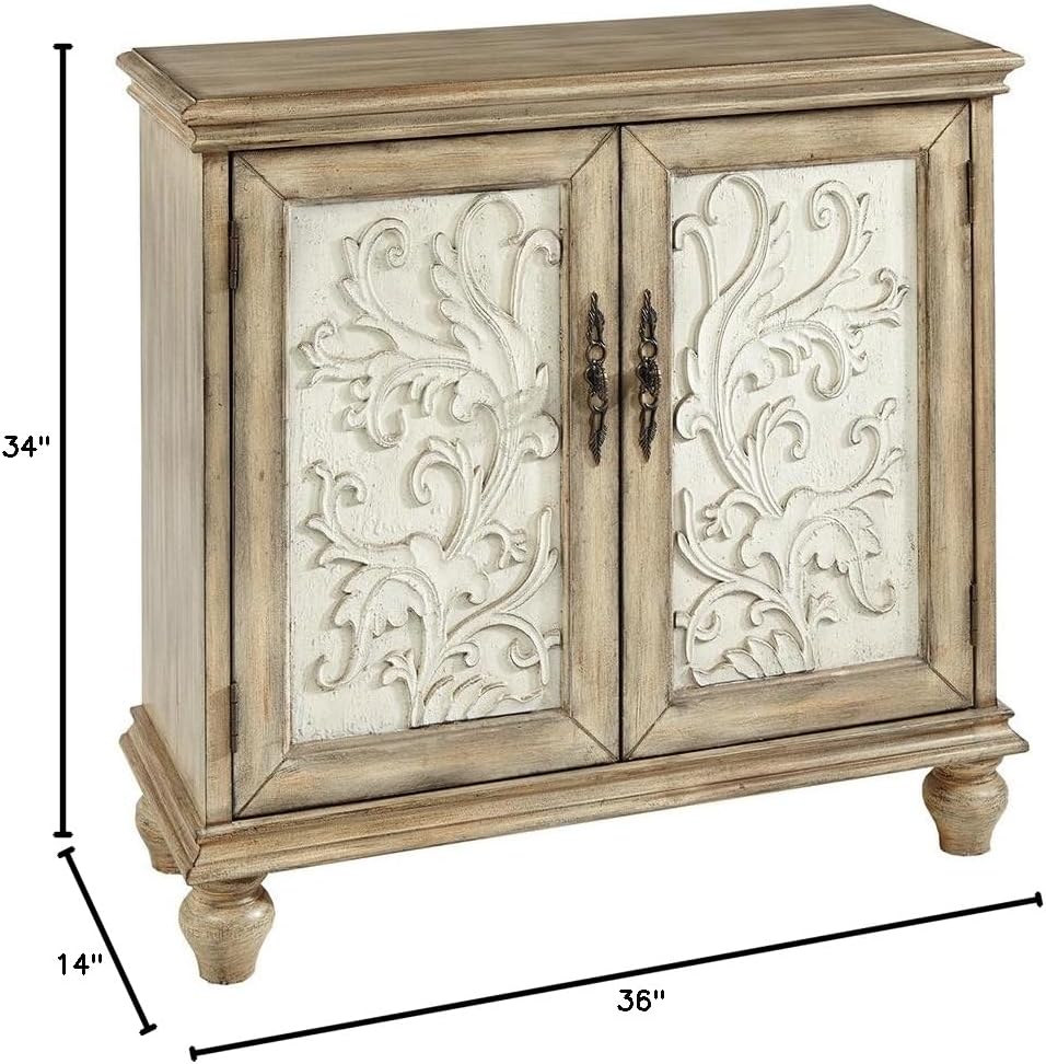 Elegant Floral Carved 2-Door Accent Cabinet with Adjustable Shelf, Natural Wood Finish, Sturdy Solid Wood Legs, Home Organizational Furniture, Stylish Farmhouse Design, Spacious Interior