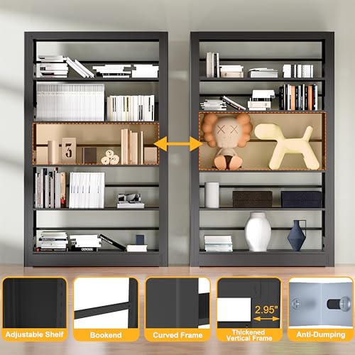 5-Tier Bookshelf, Black Bookcase with Adjustable Storage Shelves, Freestanding Bookcases and Bookshelves, Wide Bookshelf for Home Office, Living Room, Bed Room, Including Book Stopper (Black)