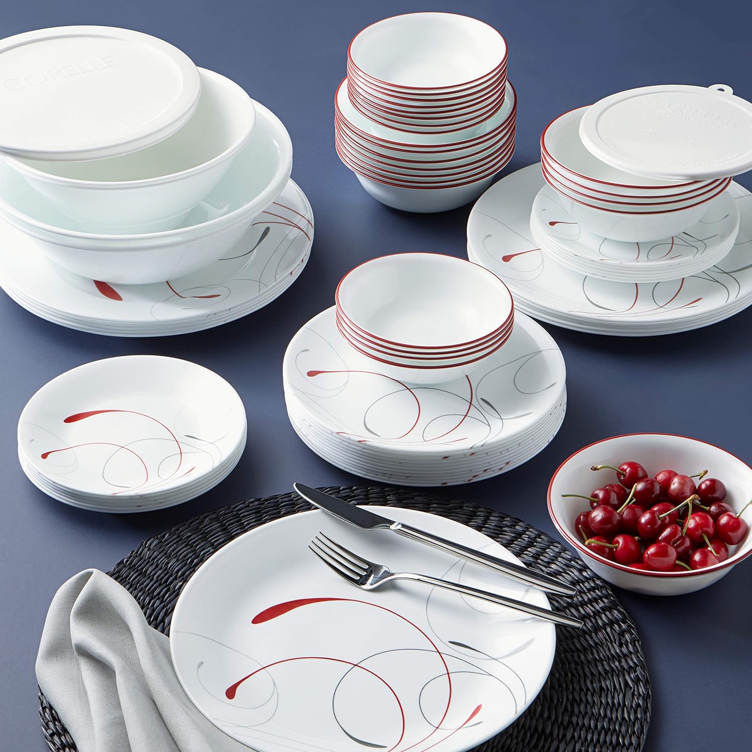 Corelle Vitrelle 78-Piece Service for 12 Dinnerware Set, Triple Layer Glass and Chip Resistant, Lightweight Round Plates and Bowls Set, Splendor & Glass 28oz Red Band Bowl 6pk