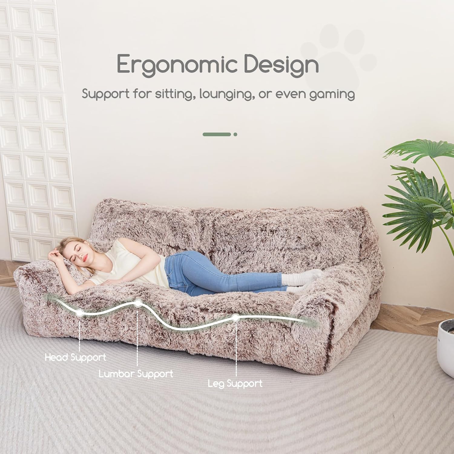 HIGOGOGO Giant Human Dog Sofa Bed, Big Comfy Floor Sofa Couch for Pet Families with Foam Chunk Supportive Mat, Fluffy Faux Fur Orthopedic Dog Bed for Human, Snow Coffee