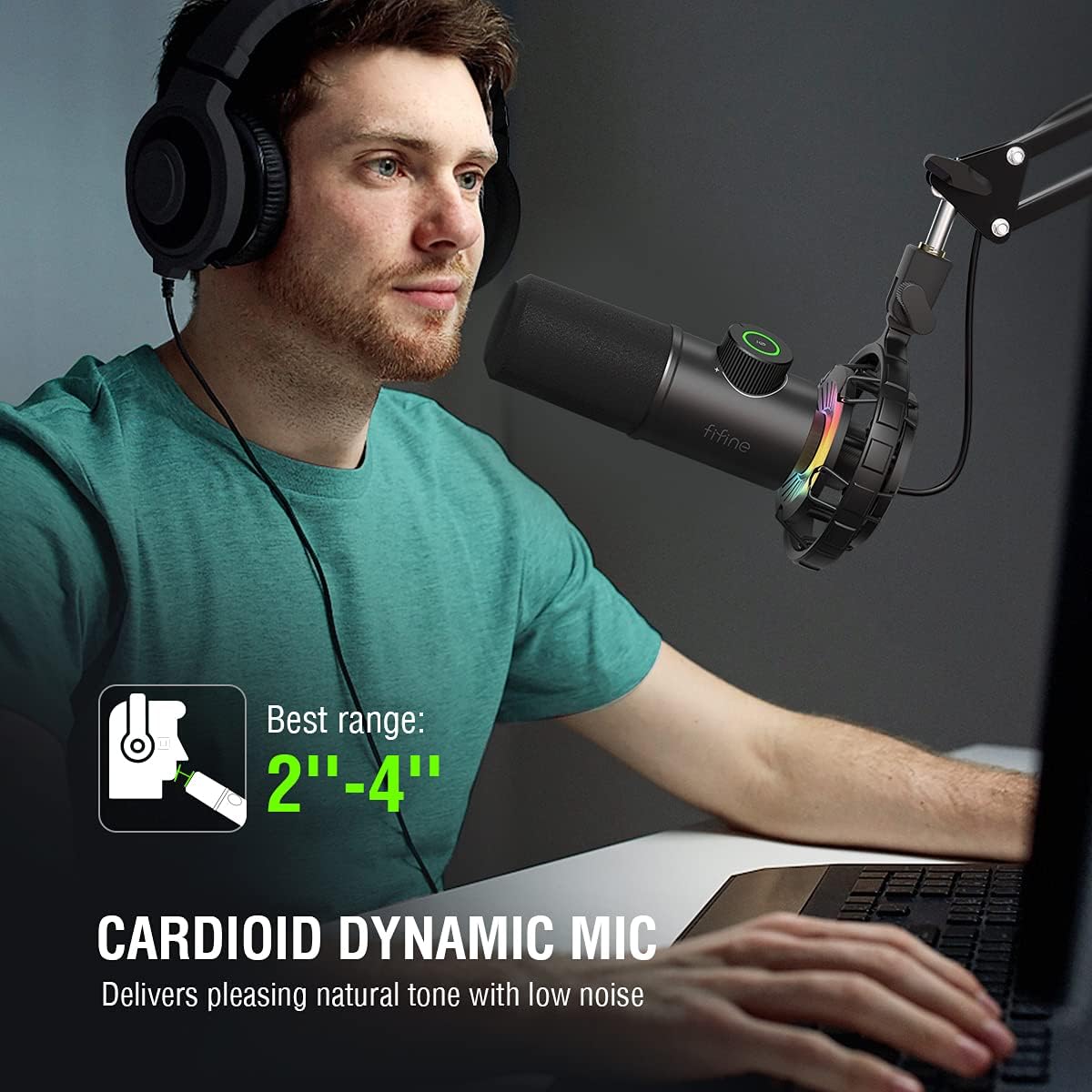 USB Gaming Microphone, FIFINE RGB Dynamic Mic for PC, with Tap-to-Mute Button, Plug & Play Cardioid Mic with Headphone Jack for Streaming, Podcast, Twitch, YouTube, Discord- K658