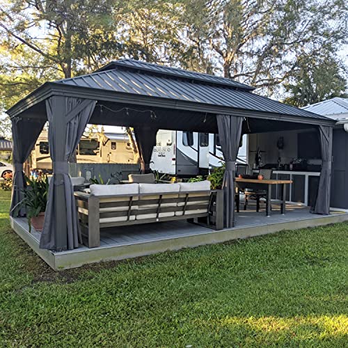 PURPLE LEAF 10' X 14' Permanent Hardtop Gazebo Aluminum Gazebo with Galvanized Steel Double Roof for Patio Lawn and Garden, Curtains and Netting Included, Grey