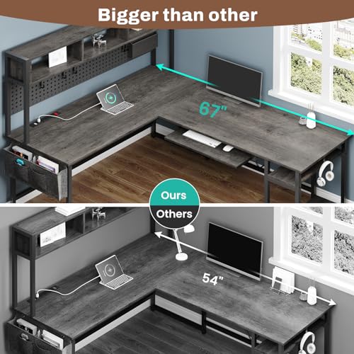 SEDETA L Shaped Gaming Desk, Reversible Computer Desk with Power Outlet and Pegboard, Gaming Desk with Led Lights, Keyboard Tray and Storage Bag for Home Office, Black