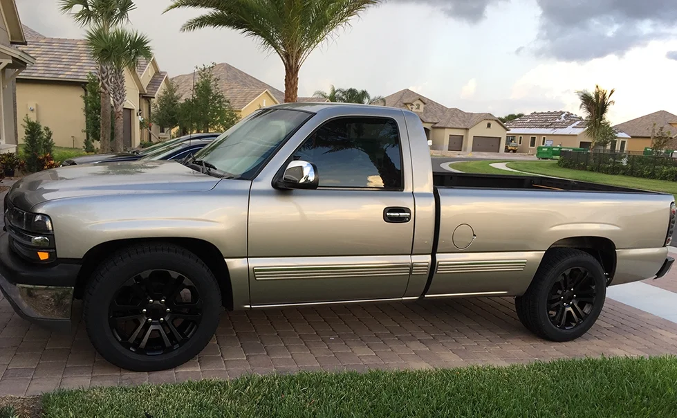 20" Satin Black Split Spoke Wheels with 275/55R20 All Season Tires SET of 4 fits Chevy Silverado, Tahoe, Suburban, GMC Sierra, Yukon, Denali 1500, Includes Lug Nuts and TPMS