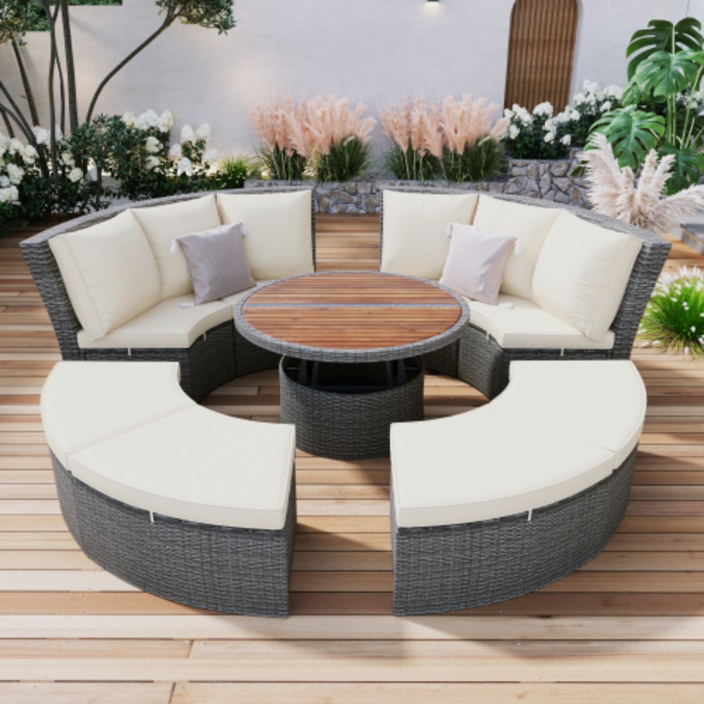 TOPMAX Patio 5-Piece Round Rattan Sectional Sofa Set All-Weather PE Wicker Sunbed Daybed with Round Liftable Table and Washable Cushions for Outdoor Backyard Poolside Beige + Rattan + Foam