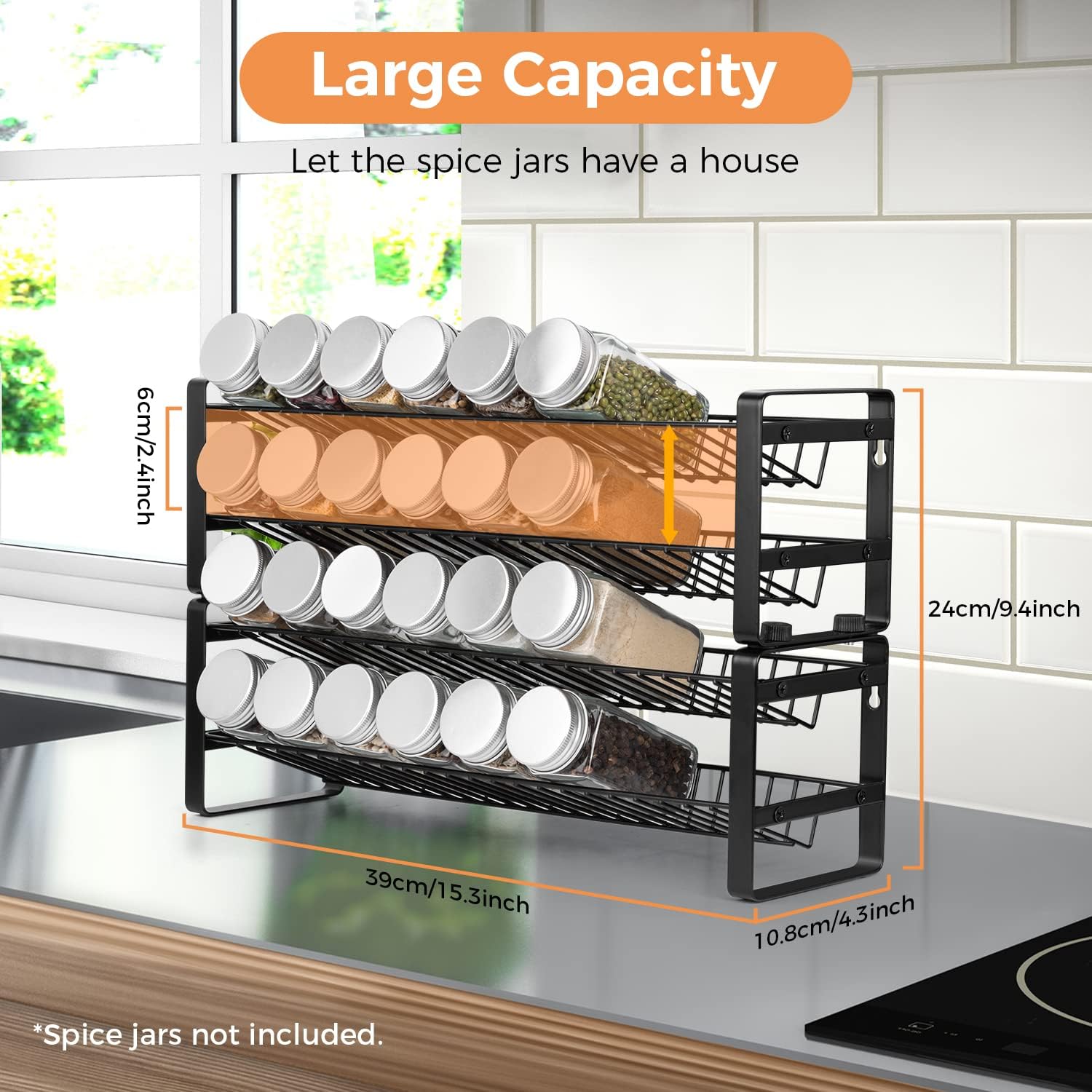 JONYJ Spice Rack Organizer for Cabinet, 4-tier Spice Organizer, Expandable Seasoning Organizer, Stackable Spice Rack Wall Mount, Black Frosted Iron Countertop Spice Rack for Drawer