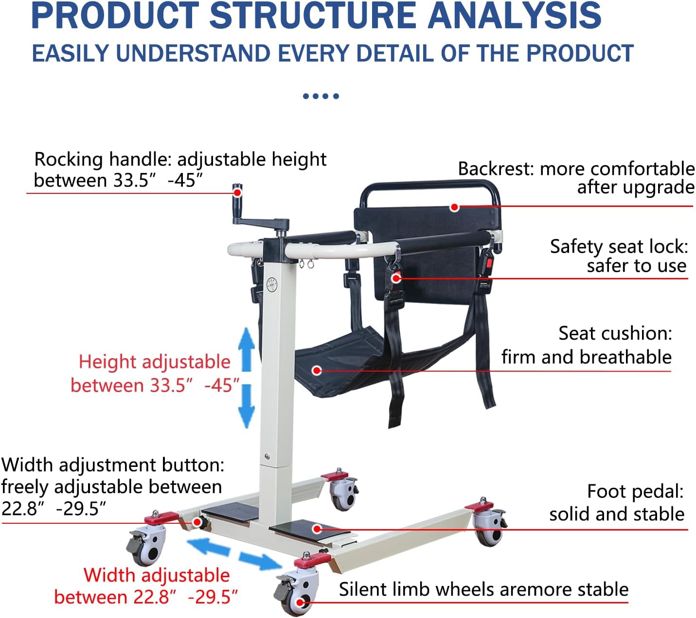 Patient Iift Transfer Chair，Patient lift Chair，for care of The elderly, disabled, and patients with limited mobility，Iift Wheelchair，Household use、Car wheelchair transfer，Height/width adjustable