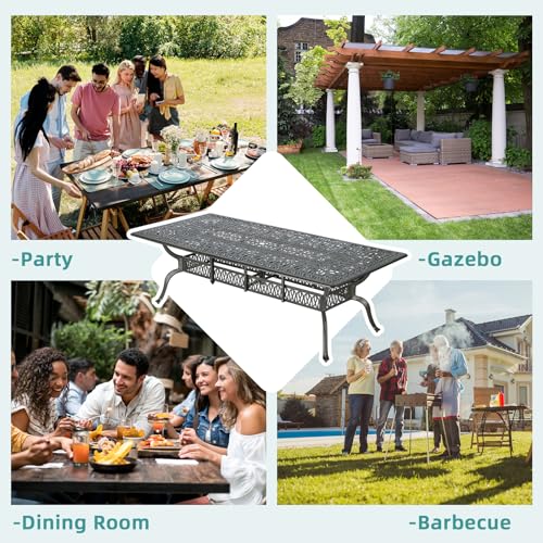MEETWARM Outdoor 60" Rectangular Patio Dining Table, All Weather Cast Aluminum Large Patio Furniture Table Fits for 6-8 Person with 2" Umbrella Hole, Dark Bronze