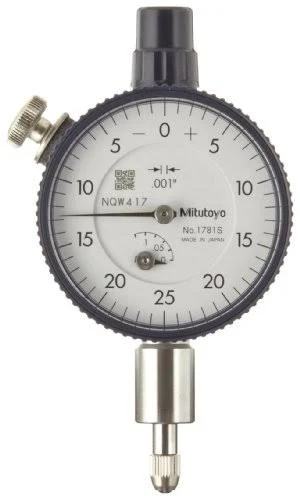 Mitutoyo 1781SB Dial Indicator, #4-48 UNF Thread, 0.375x22 Stem Dia., Flat BACK, White Dial, 0-25-0 Reading, 1.614x22 Dial Dia.,
