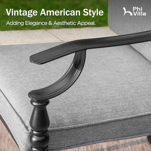 PHI VILLA 7 Pieces Outdoor Dining Set for 6, Rectangular Black Steel Dining Table with Fixed and Swivel Iron Chairs, Large Dining Furniture Set with Cushions for Patio, Deck, Porch, Backyard