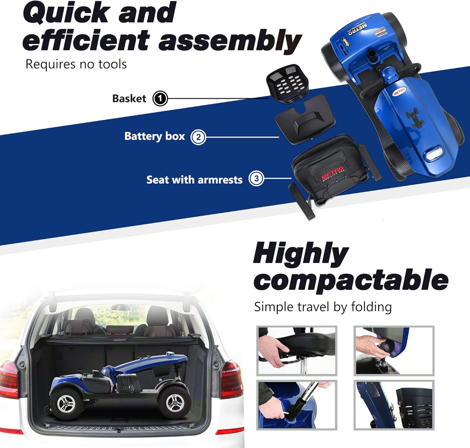 Electric Powered Mobility Scooters for Seniors Adults 300lbs Max Weight, 4 Wheel Folding Mobility Wheelchair for Travel - Long Range Power Extended Battery w/Charger and Basket