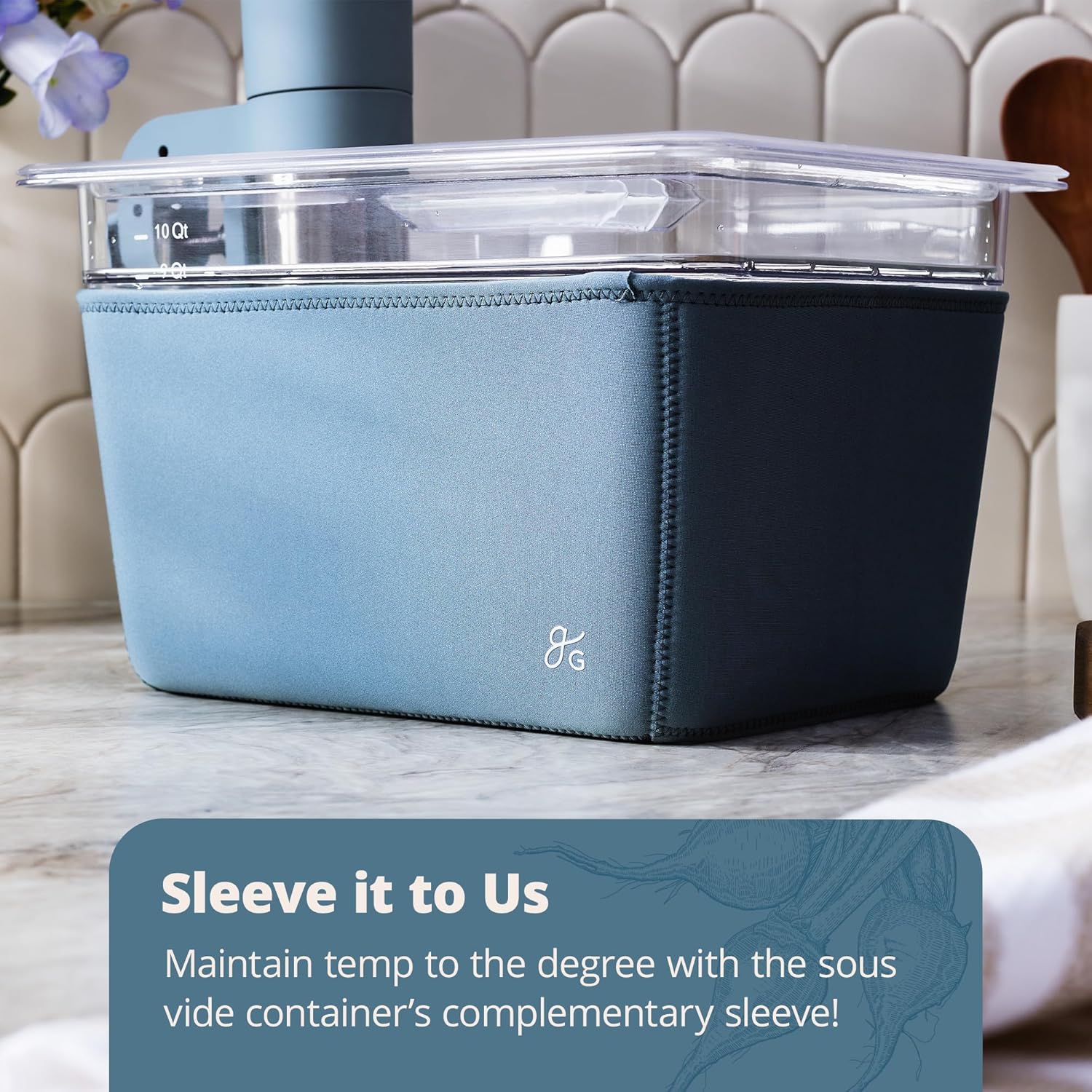 Greater Goods Pro Sous Vide Kit - An 1100 Watt, Powerful, Precise Sous Vide Cooker and Premium, Plastic Container with Sous Vide Rack, Lid, and Sleeve, Designed in St. Louis, (Stone Blue)