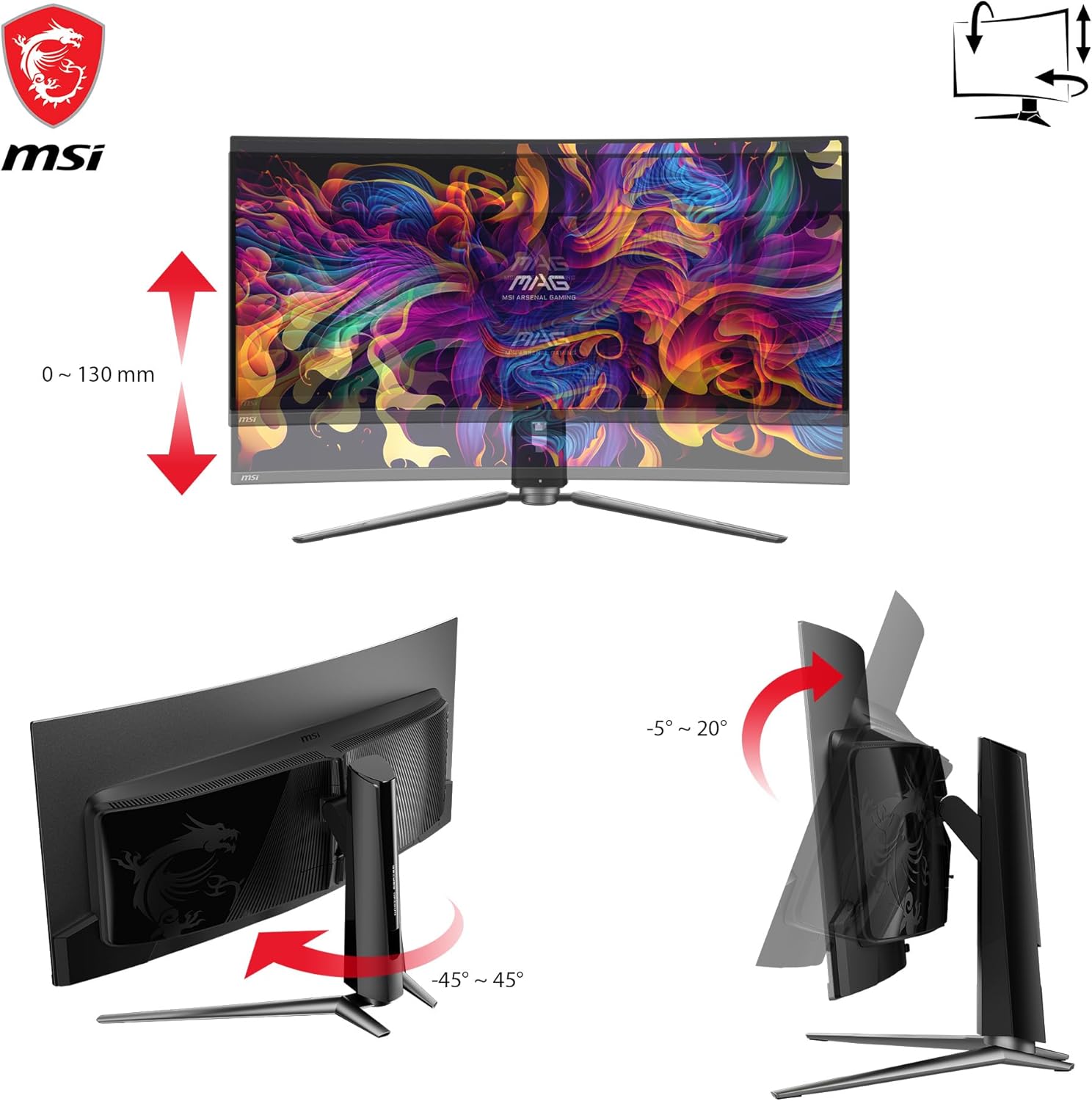 MSI MAG341CQP QD-OLED, 34 Curved OLED Gaming Monitor, 3440 x 1440 (UWQHD), OLED 0.03ms Response time, 175Hz, True Black HDR 400, HDMI, DP Port, USB Type C, Tilt, Height,Black